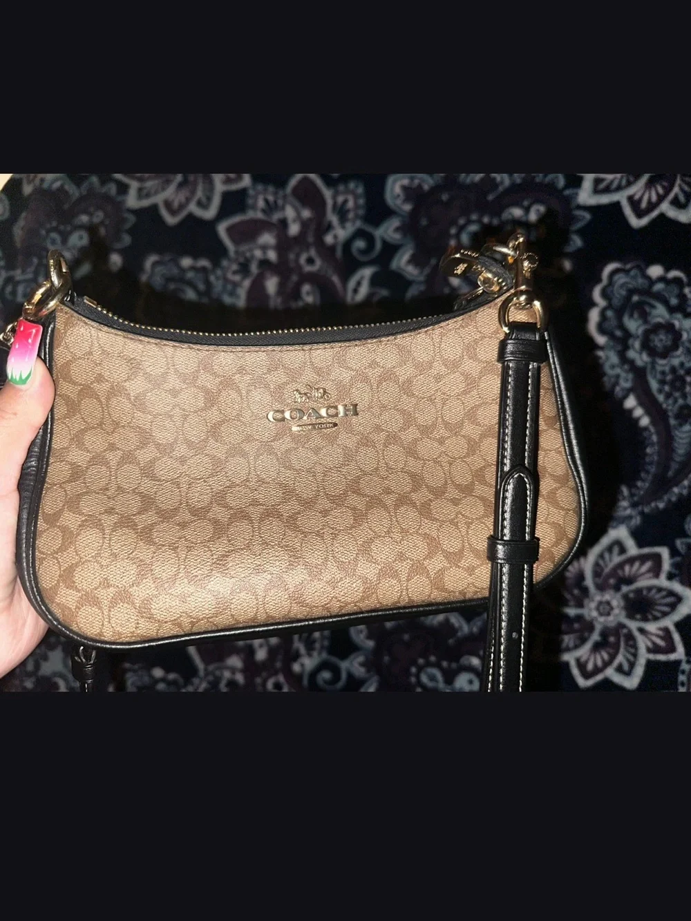 Coach Tan Signature Coated Canvas Crossbody with Black Trim